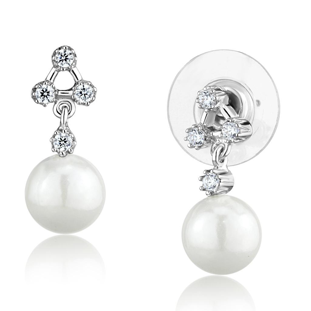 JCE1295 Rhodium Brass Earrings with Synthetic Pearl in White
